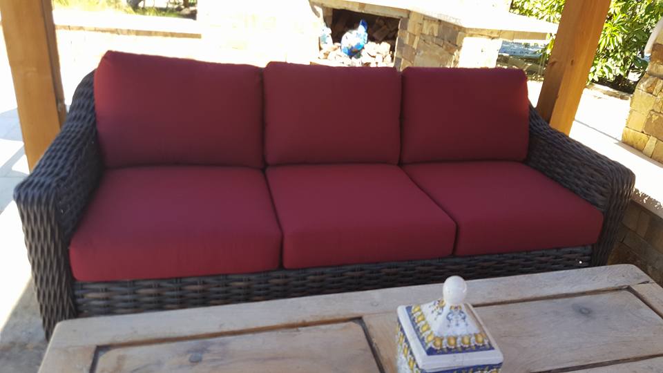 Outdoor Upholstery - Burgundy upholstered outdoor sofa
