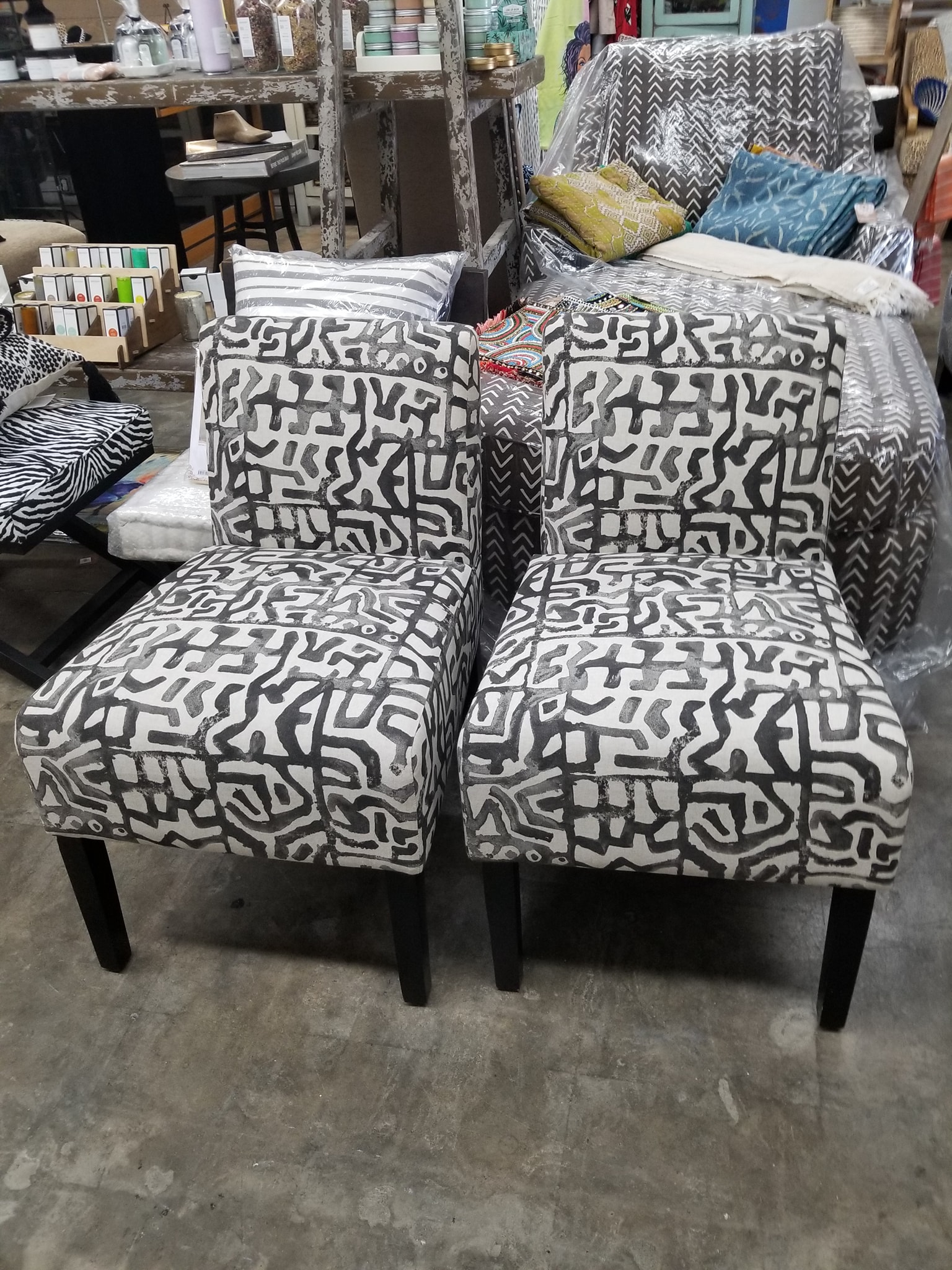 Custom upholstered antique sofa with patterned fabric