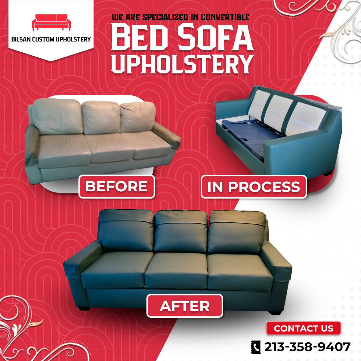 Bed Sofa Upholstery - Before, In Process and After